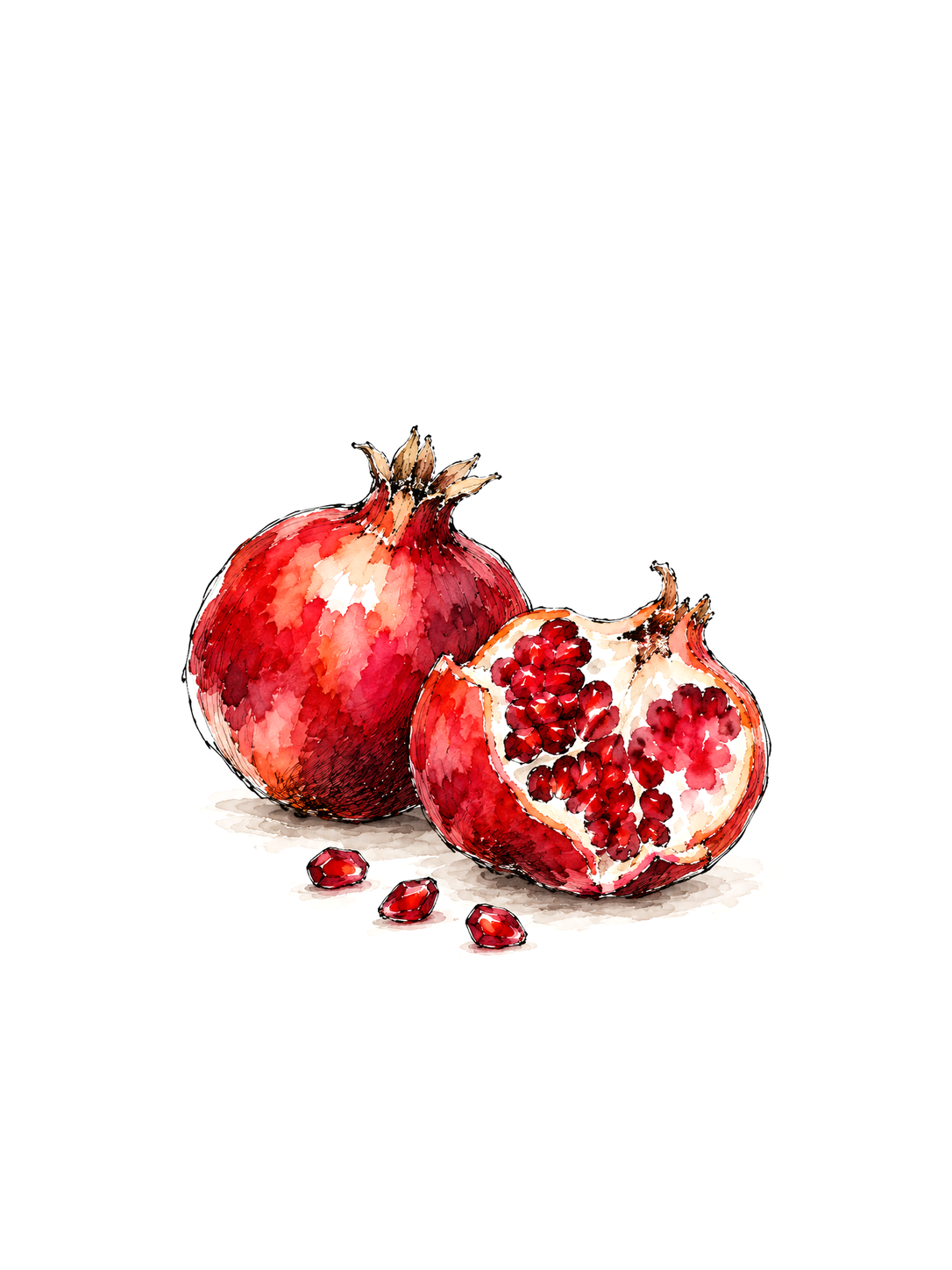 A Pair of Pomegranates, ink and watercolor print