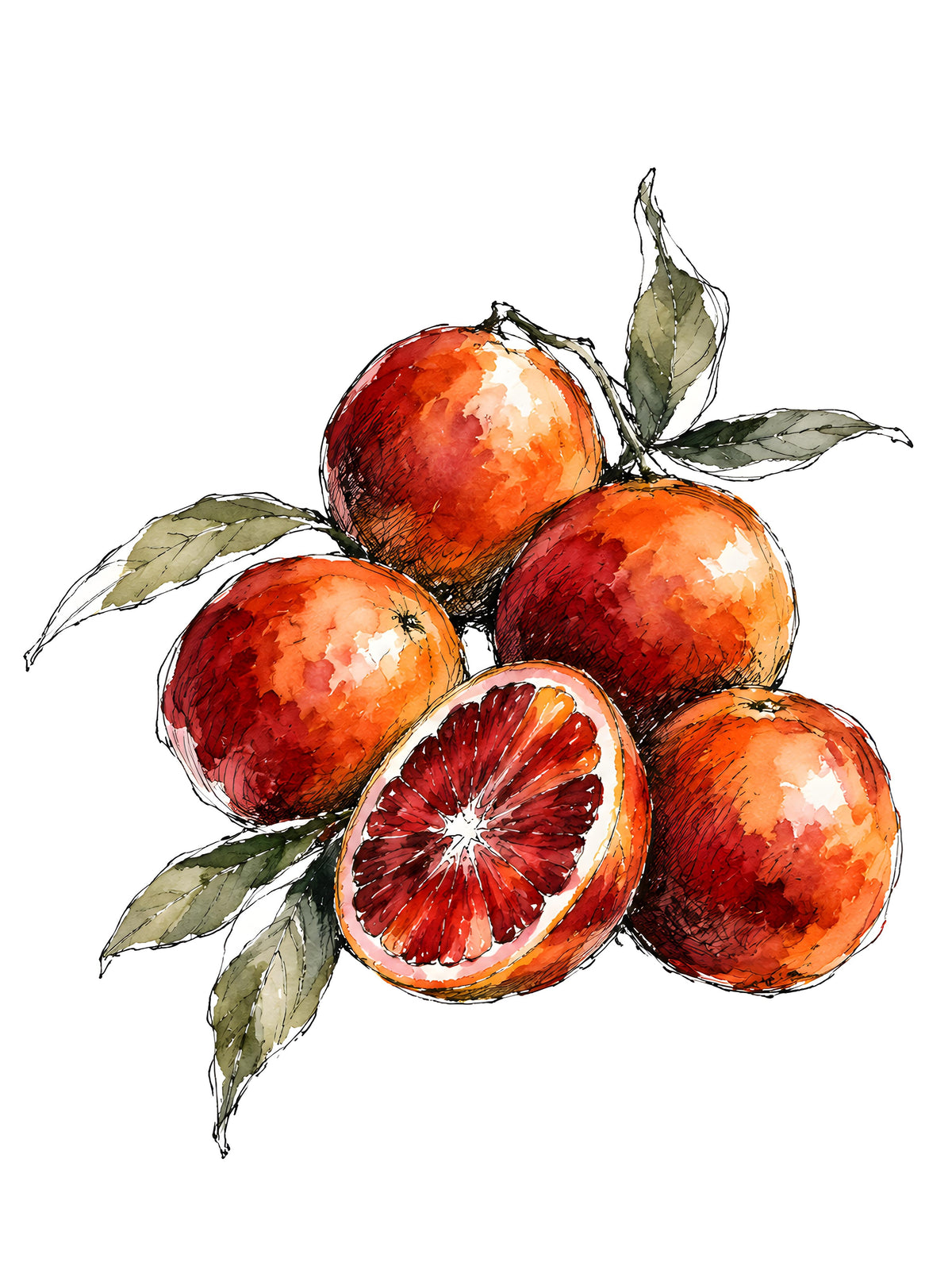 A Bushel of Blood Oranges, watercolor and ink print of five blood oranges, one halved, with leaves