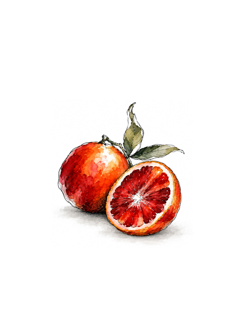 Blood oranges, ink and watercolor print