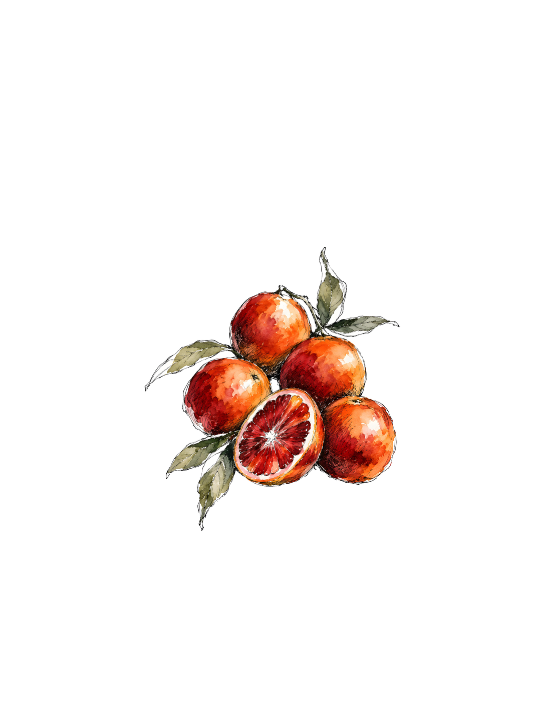 A Bushel of Blood Oranges, ink and watercolor print