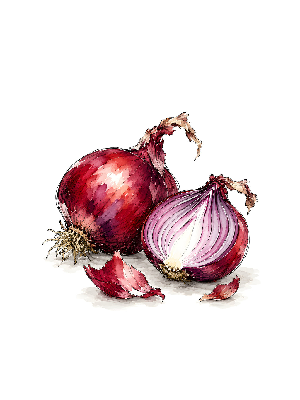 Red onions, ink and watercolor print
