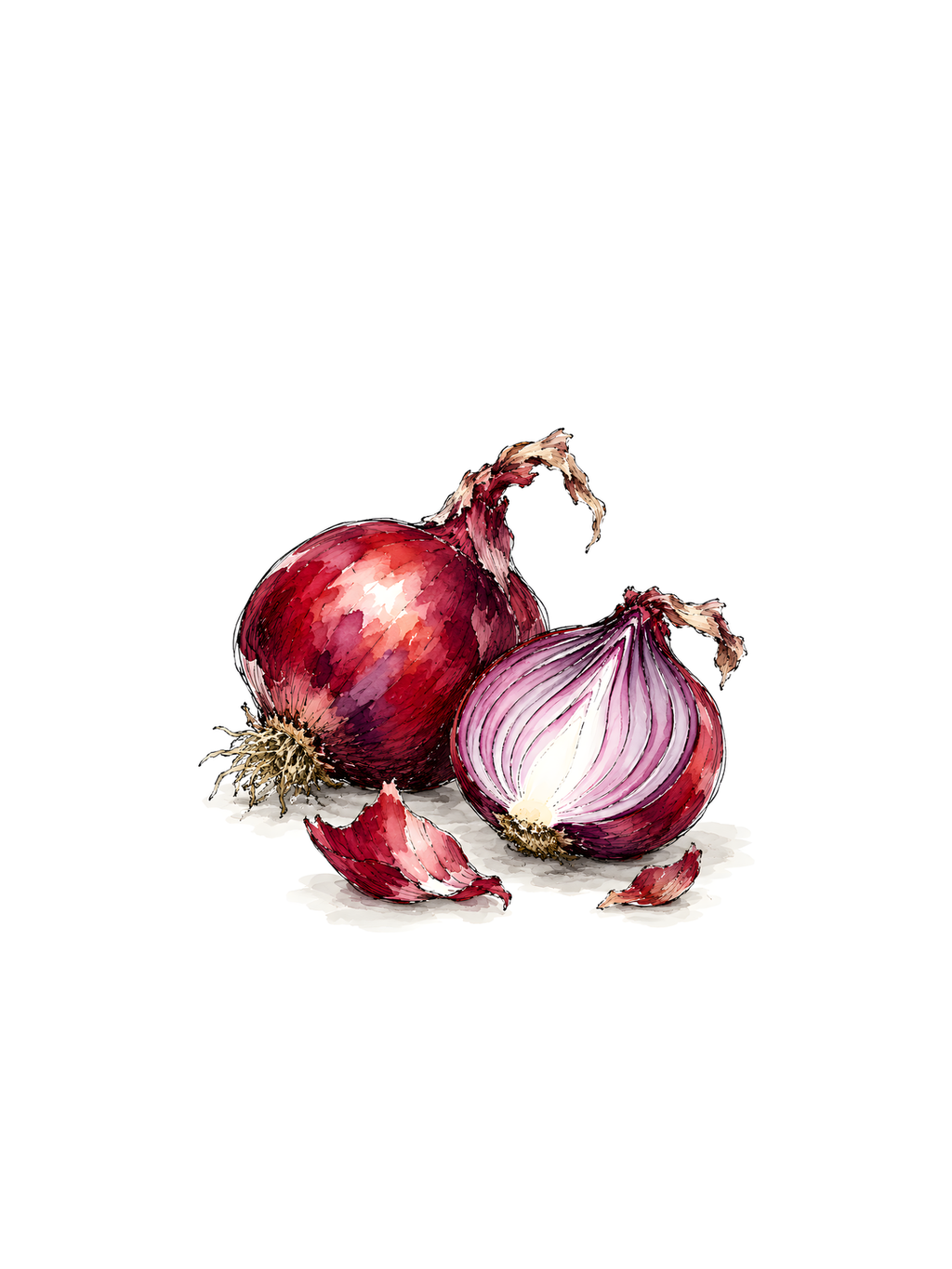 A Set of Red Onions, ink and watercolor print