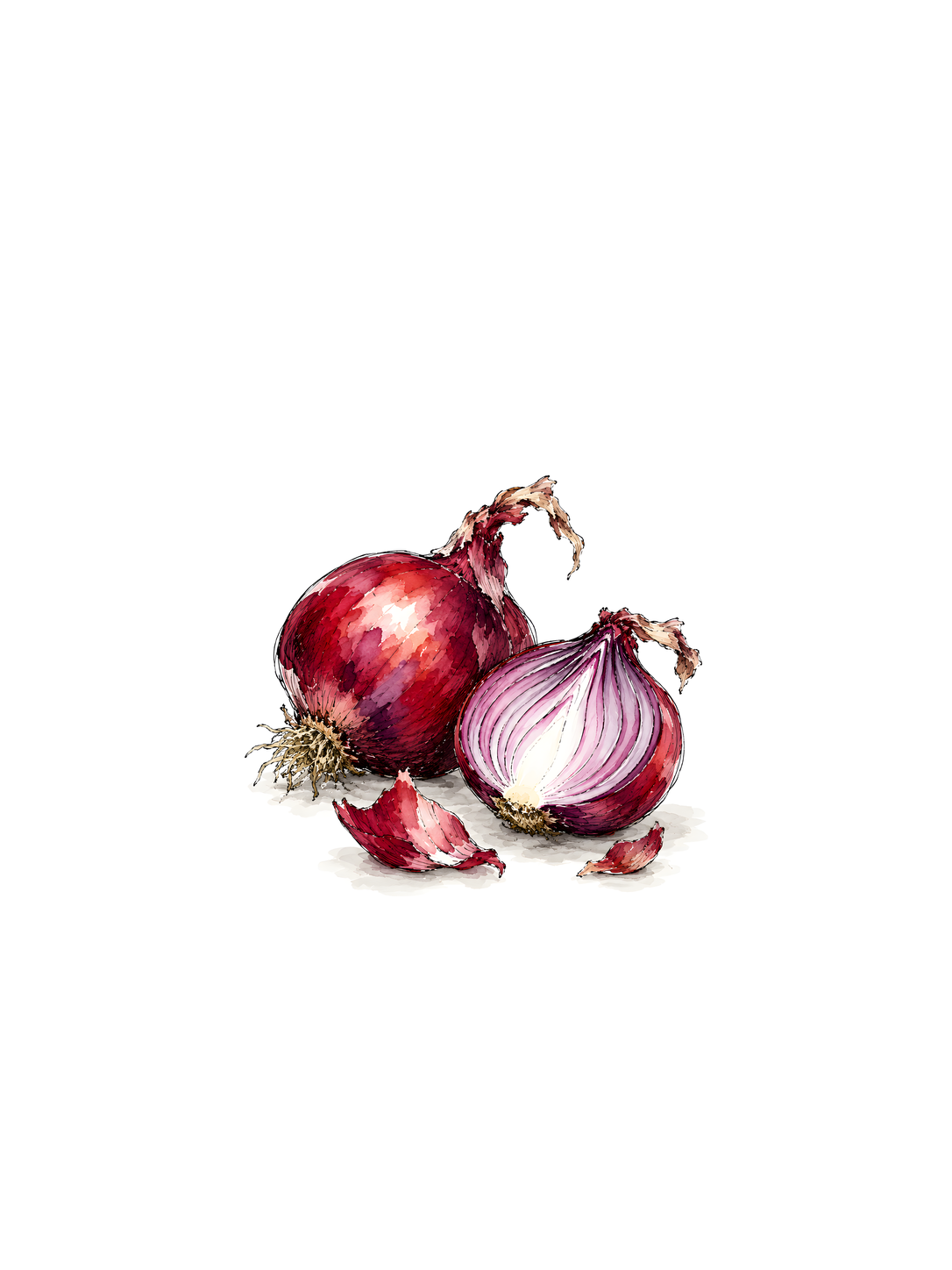 A Set of Red Onions, ink and watercolor print